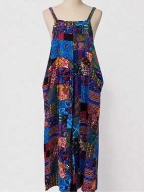 Patchwork Dual Pocket Jumpsuit Loose Floral Print Bohemian Wide Leg Bib Overall